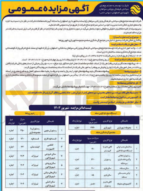 تصویر کوچک آگهی واگذاری اماکن شرکت به صورت اجاره در مجتمع گردشگری صفه و مجموعه شهربازی شهر رویاها 