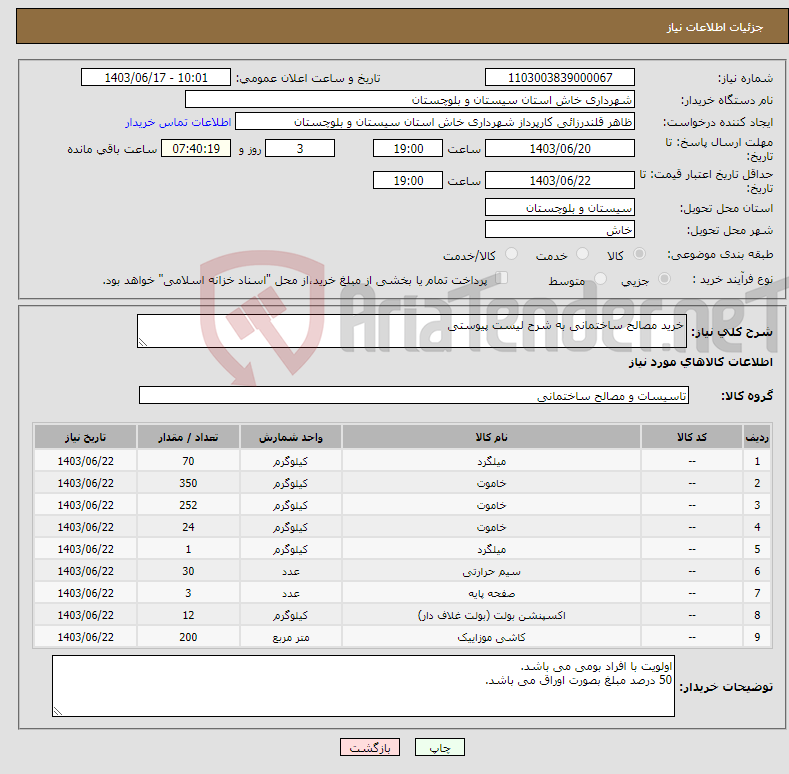 تصویر کوچک آگهی نیاز انتخاب تامین کننده-خرید مصالح ساختمانی به شرح لیست پیوستی