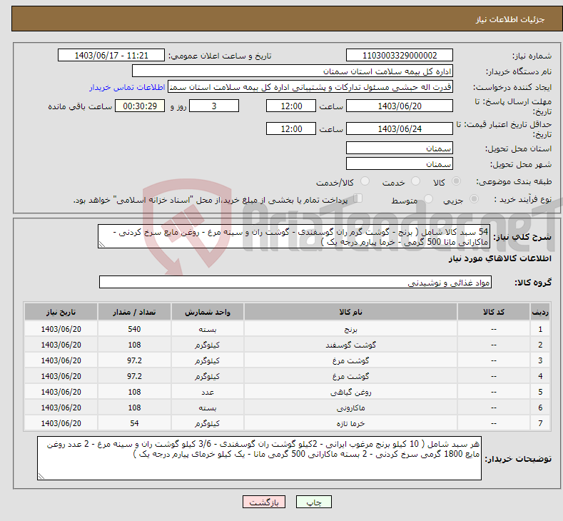 تصویر کوچک آگهی نیاز انتخاب تامین کننده-54 سبد کالا شامل ( برنج - گوشت گرم ران گوسفندی - گوشت ران و سینه مرغ - روغن مایع سرخ کردنی - ماکارانی مانا 500 گرمی - خرما پیارم درجه یک ) 