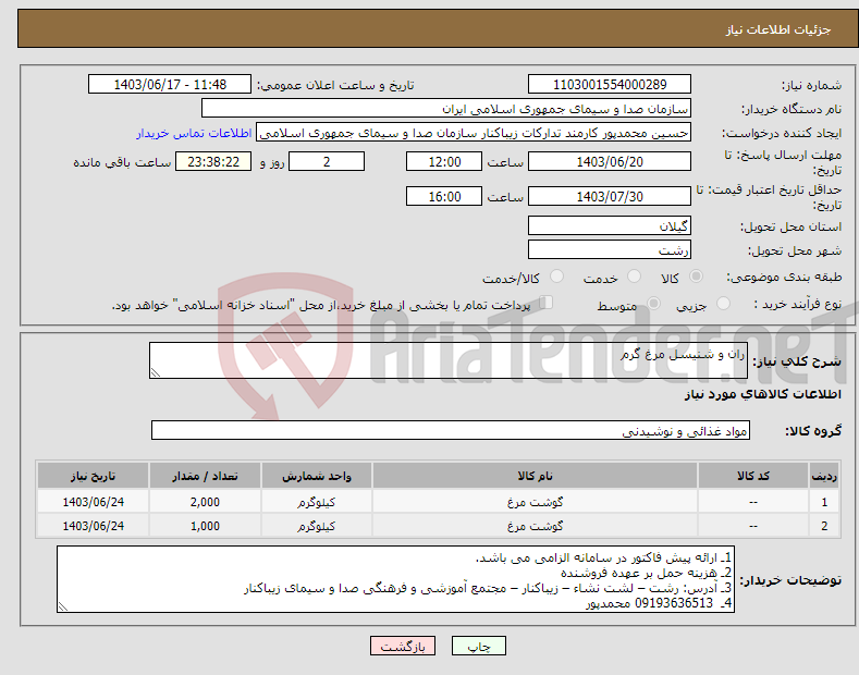 تصویر کوچک آگهی نیاز انتخاب تامین کننده-ران و شنیسل مرغ گرم