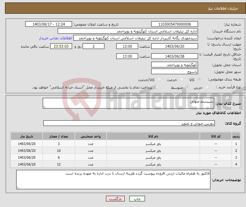 تصویر کوچک آگهی نیاز انتخاب تامین کننده-سیستم صوتی