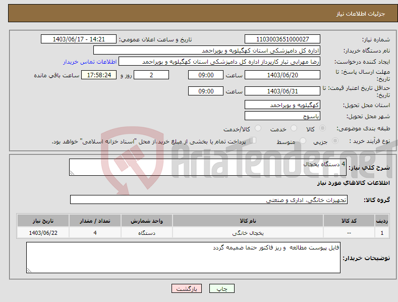 تصویر کوچک آگهی نیاز انتخاب تامین کننده-4 دستگاه یخچال