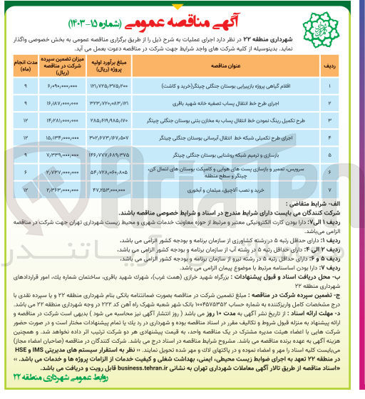 تصویر کوچک آگهی طرح تکمیل رینگ نمودن خط انتقال پساب به مخازن بتنی بوستان جنگلی چیتگر
