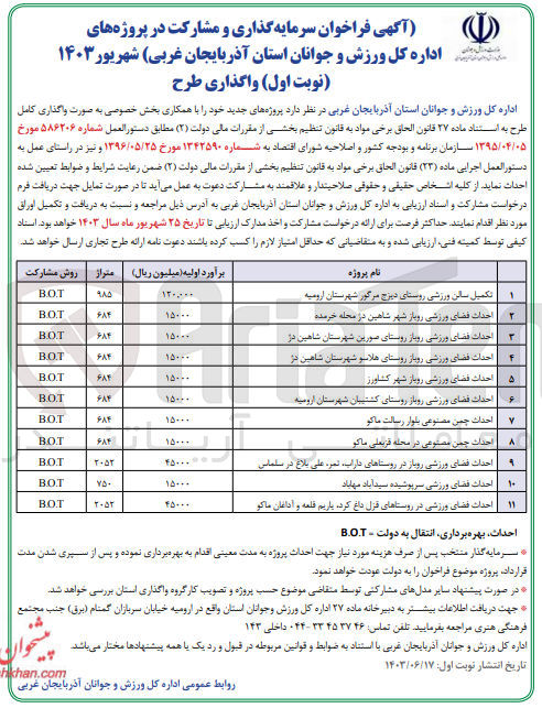 تصویر کوچک آگهی سرمایه گذاری و مشارکت احداث فضای ورزشی روباز روستای کشتیبان شهرستان ارومیه  به روش b.o.t