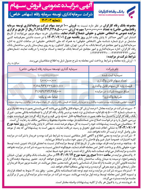 تصویر کوچک آگهی فروش 100 درصد سهام شرکت سرمایه گذاری توسعه سرمایه رفاه به تعداد 1،000،000،000 سهم 