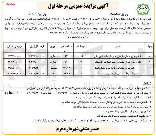 تصویر کوچک آگهی فروش اراضی تجاری به شماره قطعه 19،40،1،2 