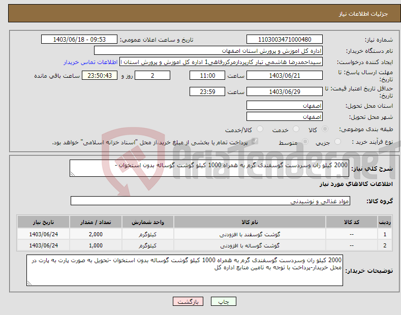 تصویر کوچک آگهی نیاز انتخاب تامین کننده-2000 کیلو ران وسردست گوسفندی گرم به همراه 1000 کیلو گوشت گوساله بدون استخوان -