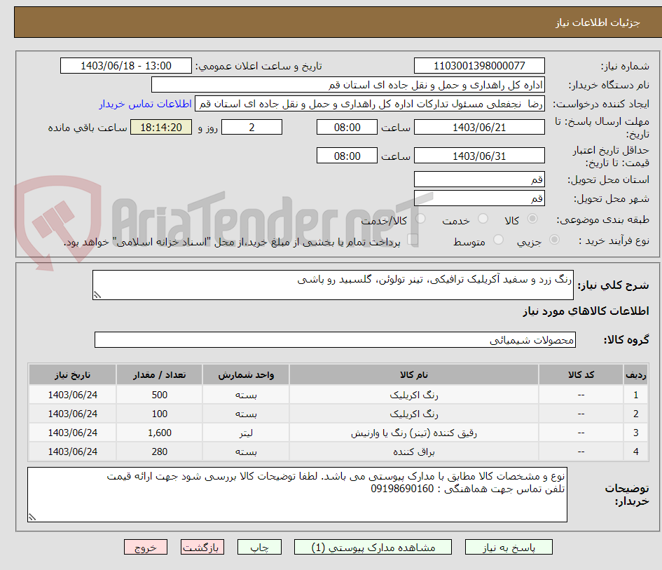 تصویر کوچک آگهی رنگ زرد و سفید آکریلیک ترافیکی، تینر تولوئن، گلسبید رو پاشی
