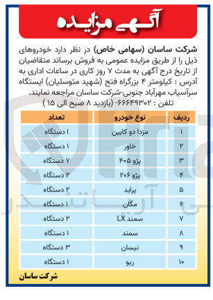 تصویر کوچک آگهی فروش خودرو در 10 ردیف شامل :
مزدا دوکابین-پراید -سمند-نیسان -ریو-مگان -خاور و....