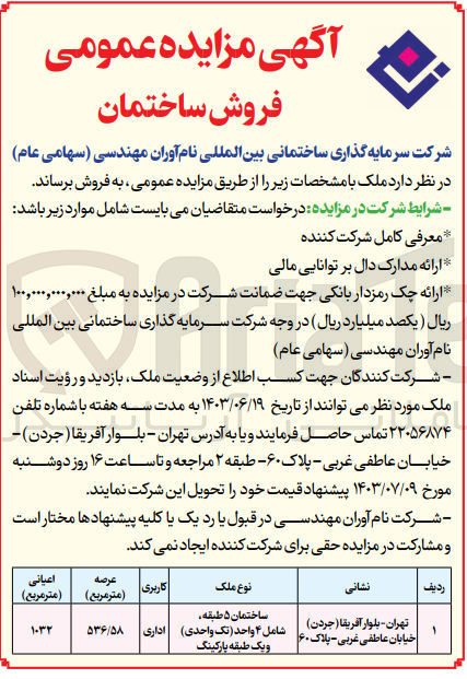 تصویر کوچک آگهی فروش ساختمان ۵ طبقه شامل ۴ واحد (تک واحدی) و یک طبقه پارکینگ با کاربری اداری