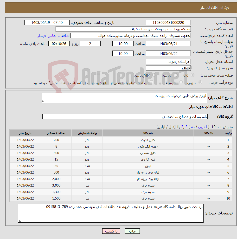 تصویر کوچک آگهی نیاز انتخاب تامین کننده-لوازم برقی طبق درخواست پیوست