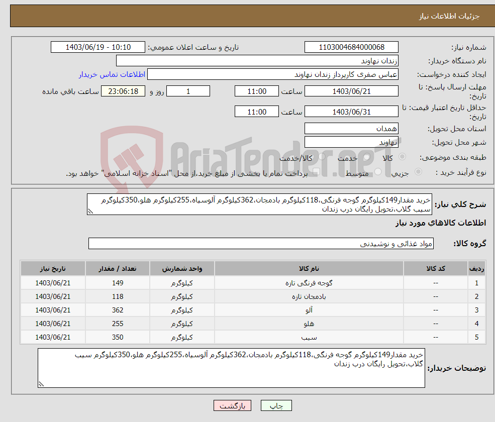 تصویر کوچک آگهی نیاز انتخاب تامین کننده-خرید مقدار149کیلوگرم گوجه فرنگی،118کیلوگرم بادمجان،362کیلوگرم آلوسیاه،255کیلوگرم هلو،350کیلوگرم سیب گلاب،تحویل رایگان درب زندان