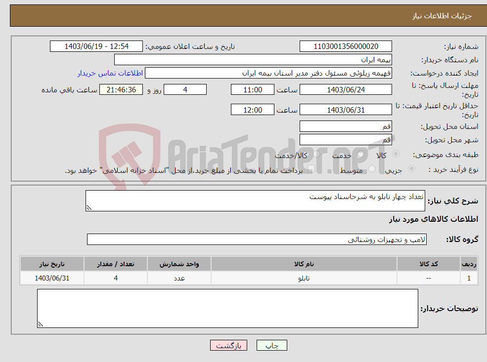 تصویر کوچک آگهی نیاز انتخاب تامین کننده-تعداد چهار تابلو به شرحاسناد پیوست