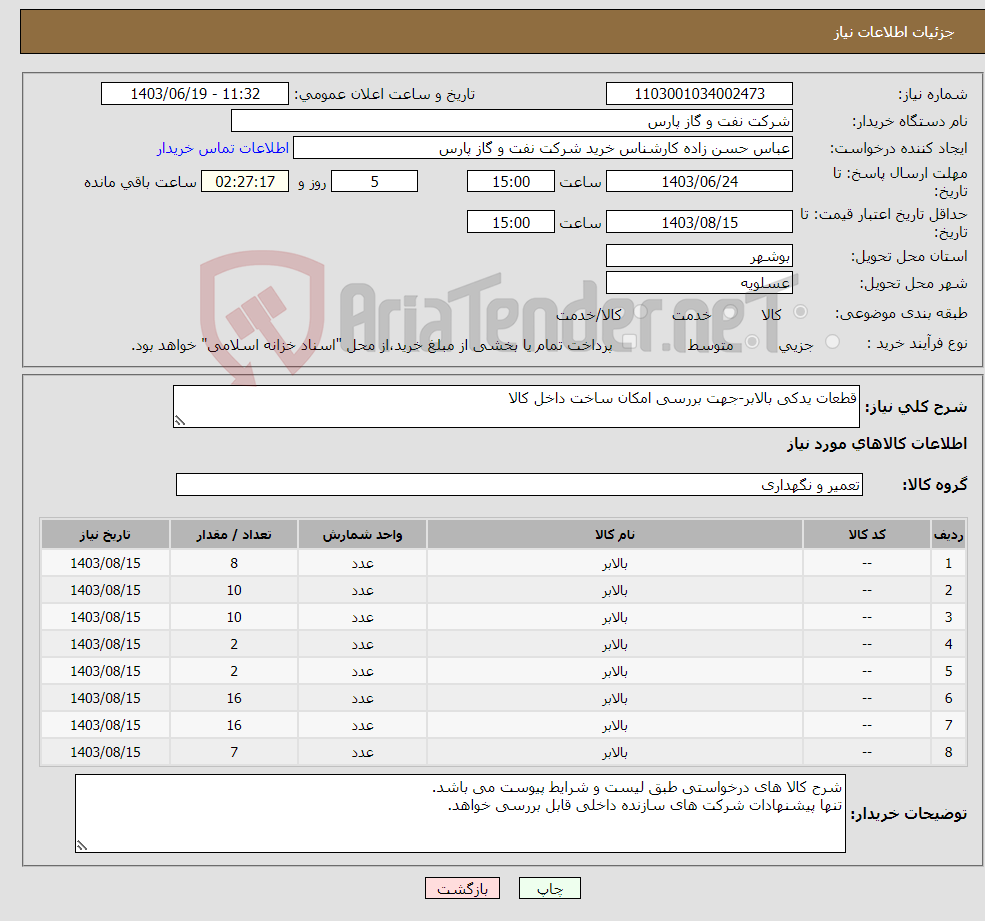 تصویر کوچک آگهی نیاز انتخاب تامین کننده-قطعات یدکی بالابر-جهت بررسی امکان ساخت داخل کالا