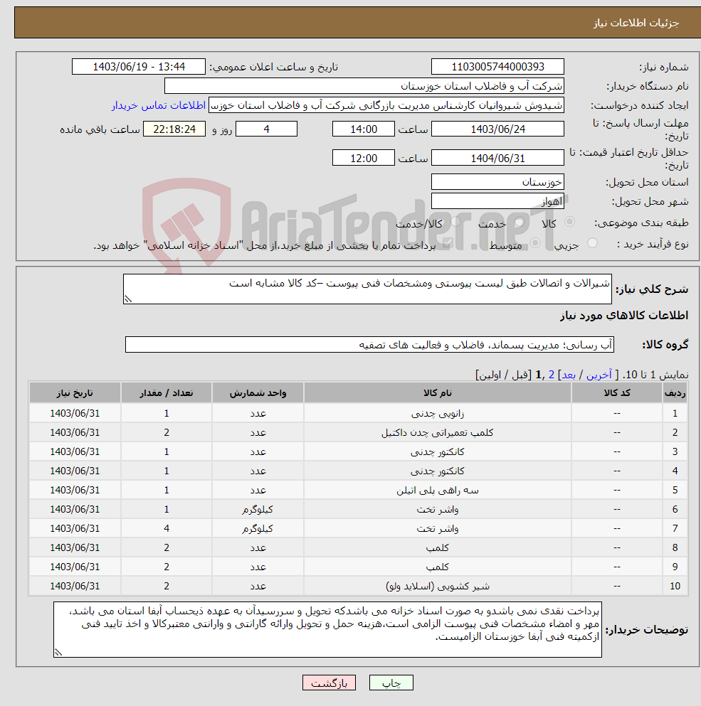 تصویر کوچک آگهی نیاز انتخاب تامین کننده-شیرالات و اتصالات طبق لیست پیوستی ومشخصات فنی پیوست –کد کالا مشابه است