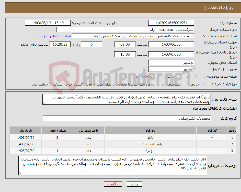 تصویر کوچک آگهی نیاز انتخاب تامین کننده-تابلو(ارایه نقشه تک خطی،نقشه جانمایی تجهیزات(داخل تابلو،روی درب تابلووصفحه گلند)لیست تجهیزات ومشخصات فنی تجهیزات،نقشه پایه وسایبان وشینه ارت الزامیست