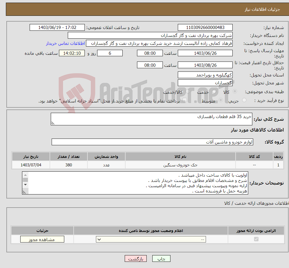 تصویر کوچک آگهی نیاز انتخاب تامین کننده-خرید 35 قلم قطعات راهسازی