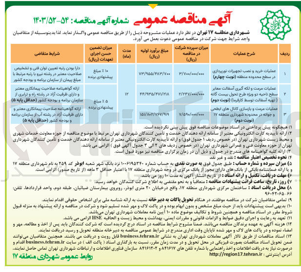 تصویر کوچک آگهی عملیات مرمت و بازسازی کانالهای ابطحی و جوانه در محدوده شهرداری منطقه ۱۷
