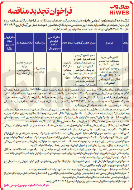 تصویر کوچک آگهی تامین مالی ،خرید تجهیزات ،اجرا ،نصب و راه اندازی شبکه اکتیو و پسیو فیبر نوری شهری تامحل بهره برداری مشترک (ftth) و شبکه انتقال بین شهری داخلی استانی لازم