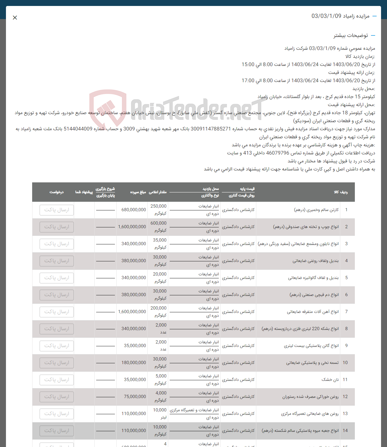 تصویر کوچک آگهی فروش اقلام در 15 ردیف شامل : کارتن-انواع چوب -انواع نایلون- بندیل -دم قیچی -آهن آلات- بشکه -تسمه نخی -نان خشک -روغن خوراکی -انواع جعبه میوه 