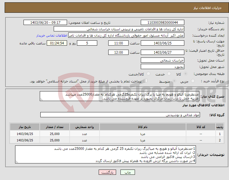 تصویر کوچک آگهی نیاز انتخاب تامین کننده-مدنظرمربا آلبالو و هویچ به صبا یا برگ ریزان تکنفره25گرمی هرکدام به مقدار25000عدد میباشد هزینه حمل تا درب زندان مرکزی بجنورد بر عهده فروشنده می باشد. 