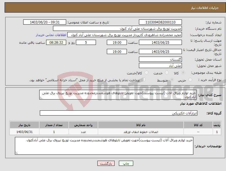 تصویر کوچک آگهی نیاز انتخاب تامین کننده-خرید لوازم ویراق آلات (لیست پیوست)جهت تعویض تابلوهای هوشمنددرمحدوده مدیریت توزیع نیروی برق علی آبادکتول