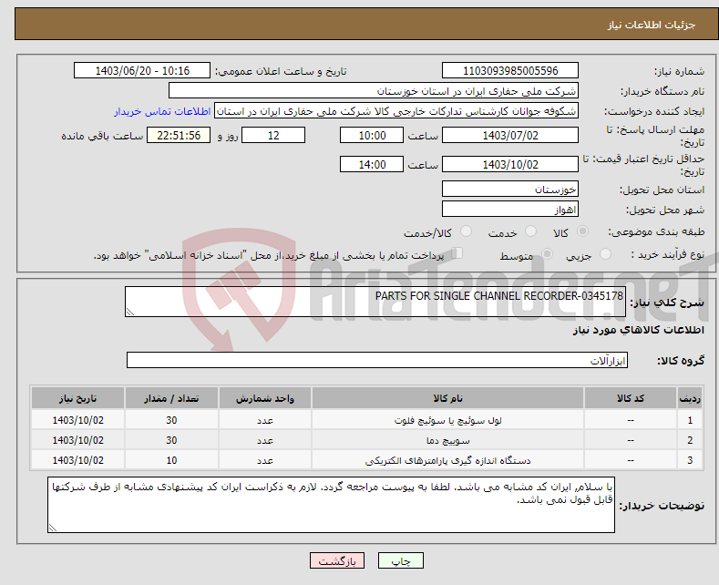 تصویر کوچک آگهی نیاز انتخاب تامین کننده-PARTS FOR SINGLE CHANNEL RECORDER-0345178