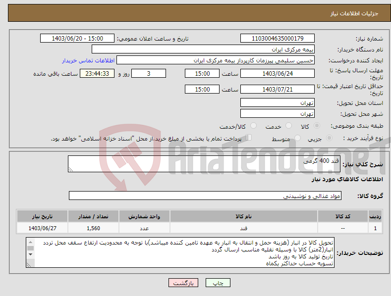 تصویر کوچک آگهی نیاز انتخاب تامین کننده-قند 400 گرمی 