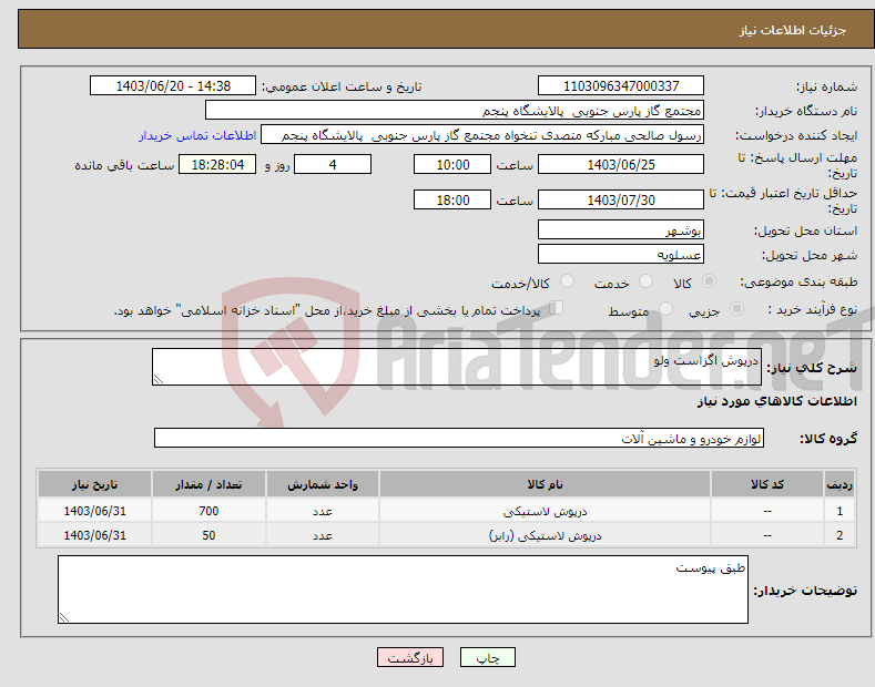 تصویر کوچک آگهی نیاز انتخاب تامین کننده-درپوش اگزاست ولو