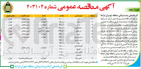 تصویر کوچک آگهی خریداری اقلام :
کره -مربا -عسل -سالاد اولیه-تن ماهی -پنیر-شنیسل مرغ -سیب زمینی -پیازه -گوجه فرنگی-هویج-فلفل دلمه ای -بادمجان -خمیرمایه 