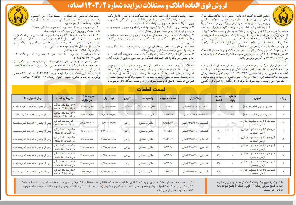 تصویر کوچک آگهی فروش تعدادی از املاک مسکونی و زراعی در 9 ردیف