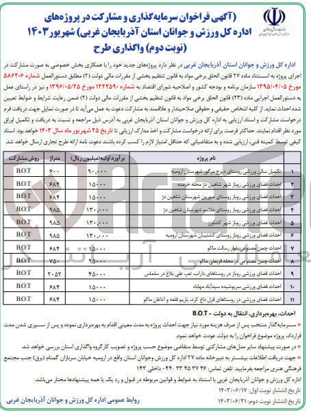 تصویر کوچک آگهی سرمایه گذاری و مشارکت در تکمیل سالن ورزشی دیزج مرگور شهرستان ارومیه به روش bolt