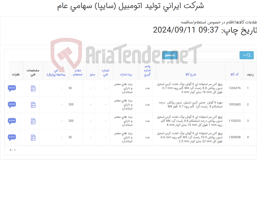 تصویر کوچک آگهی تأمین چهار ردیف پیچ های آلن سر استوانه ای و مهره شش گوش