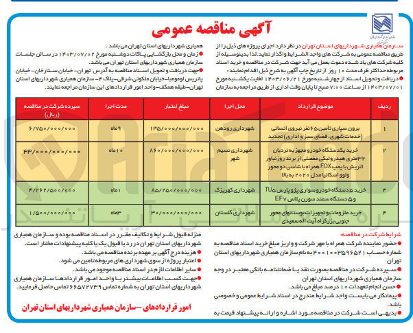 تصویر کوچک آگهی خرید ملزومات و تجهیزات بوستانهای محور شهرداری گلستان جنوبی بزرگراه آیت الله سعیدی