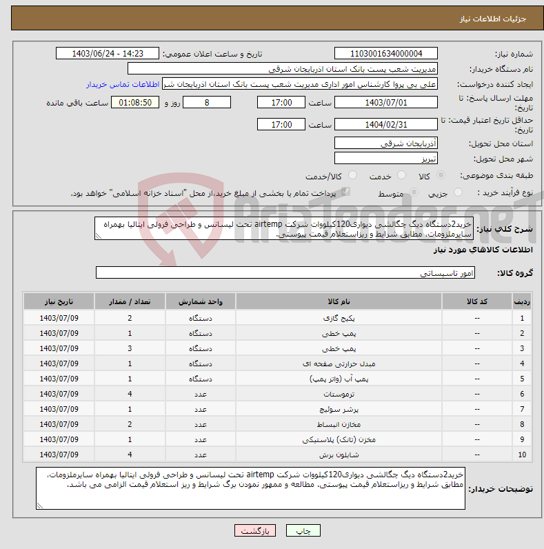 تصویر کوچک آگهی نیاز انتخاب تامین کننده-خرید2دستگاه دیگ چگالشی دیواری120کیلووات شرکت airtemp تحت لیسانس و طراحی فرولی ایتالیا بهمراه سایرملزومات، مطابق شرایط و ریزاستعلام قیمت پیوستی.