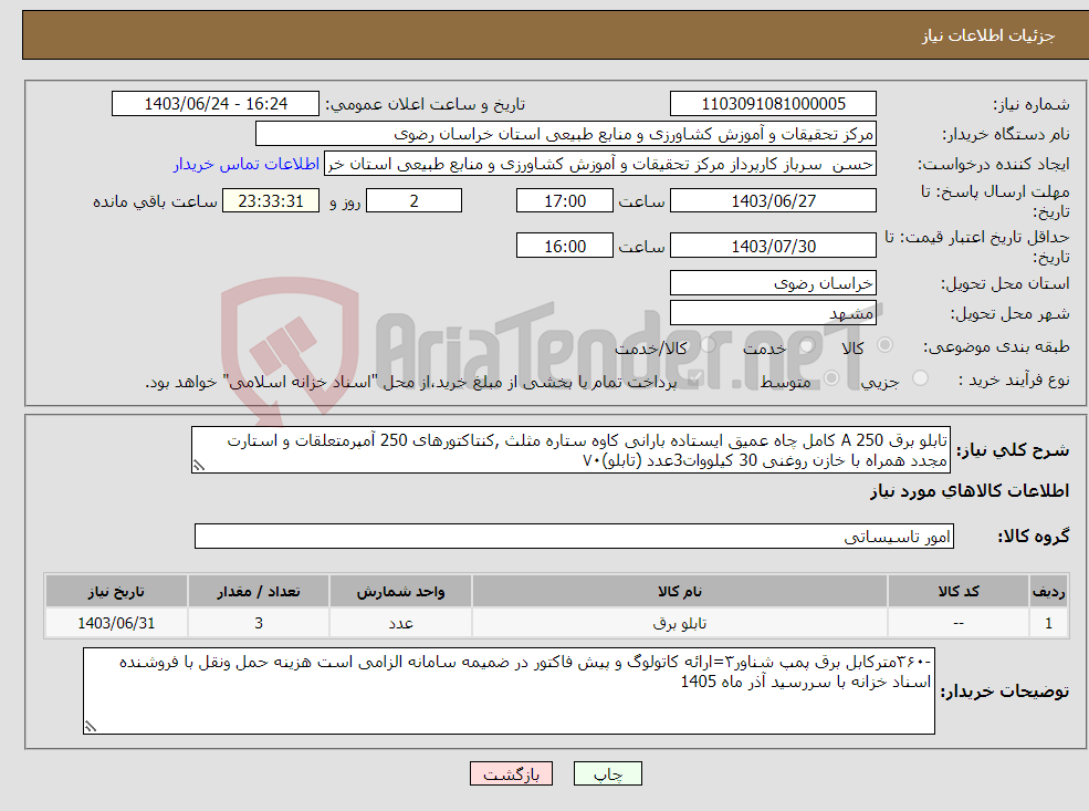 تصویر کوچک آگهی نیاز انتخاب تامین کننده-تابلو برق 250 A کامل چاه عمیق ایستاده بارانی کاوه ستاره مثلث ,کنتاکتورهای 250 آمپرمتعلقات و استارت مجدد همراه با خازن روغنی 30 کیلووات3عدد (تابلو)۷۰