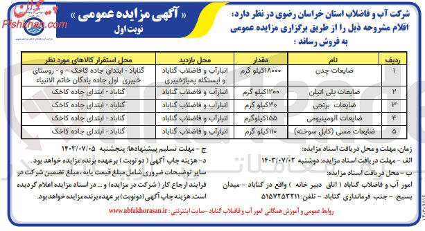 تصویر کوچک آگهی فروش اقلام :
ضایعات چدن-ضایعات پلی اتیلن -ضایعات برنج-ضایعاتی آلومینیوم ومس 