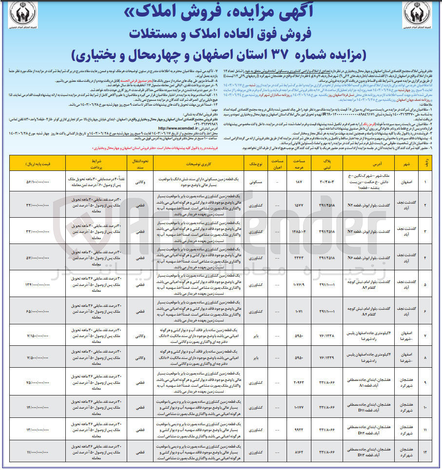 تصویر کوچک آگهی فروش تعدادی از املاک و اراضی کشاورزی و مسکونی و بایر در 12 ردیف