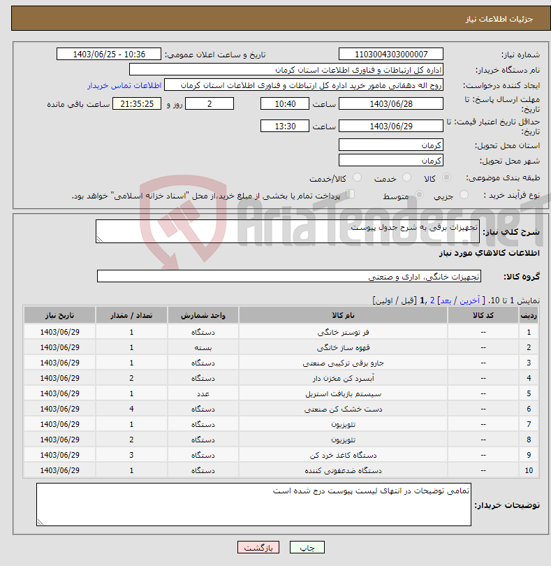تصویر کوچک آگهی نیاز انتخاب تامین کننده-تجهیزات برقی به شرح جدول پیوست