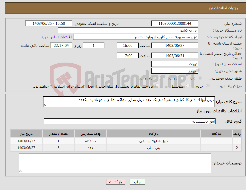 تصویر کوچک آگهی نیاز انتخاب تامین کننده-دریل آروا 4 -7-و 10 کیلیویی هر کدام یک عدد-دریل شارژی ماکیتا 18 وات دو باطری یکعدد