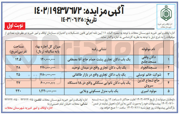 تصویر کوچک آگهی اجاره تعدادی از موقوفات زیر :
یک باب دکان تجاری پشت حمام
یک باب دکان تجاری
یک باب دکان تجاری
یک باب دکان نانوایی سنگکی
یک باب منزل مسکونی ویلایی