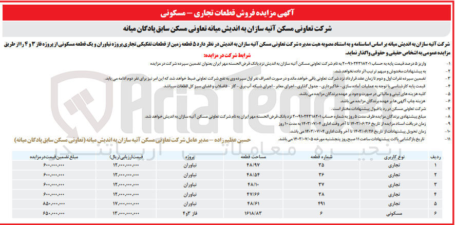 تصویر کوچک آگهی واگذاری تعداد 5 قطعه زمین از قطعات تفکیکی تجاری پرژه نیاوران و یک قطعه مسکونی از پروژه فاز 3و4