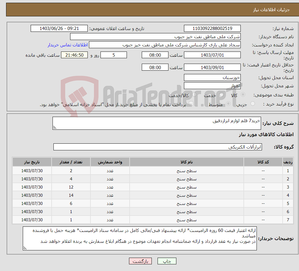 تصویر کوچک آگهی نیاز انتخاب تامین کننده-خرید7 قلم لوازم ابزازدقیق