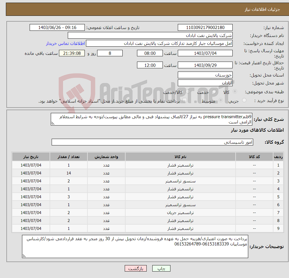 تصویر کوچک آگهی نیاز انتخاب تامین کننده-9قلمpressure transmitter به تیراژ 27/الصاق پیشنهاد فنی و مالی مطابق پیوست/توجه به شرایط استعلام الزامی است 