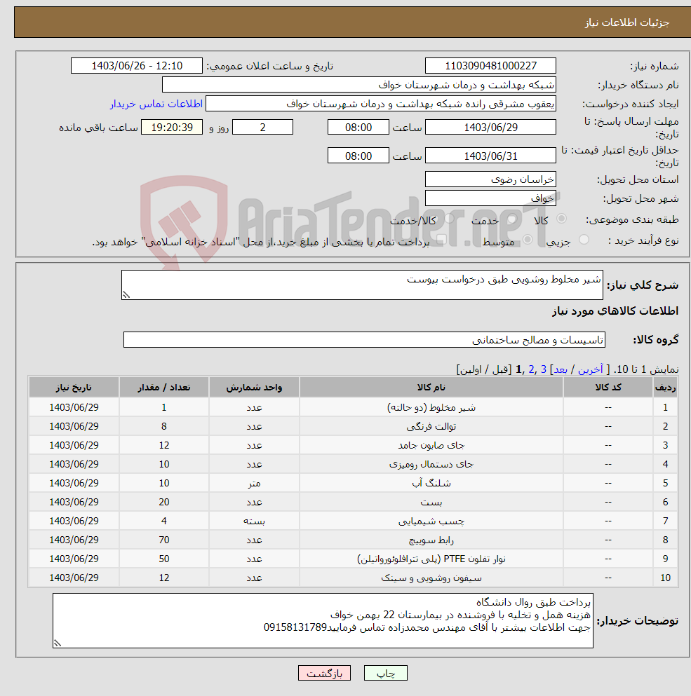 تصویر کوچک آگهی نیاز انتخاب تامین کننده-شیر مخلوط روشویی طبق درخواست پیوست