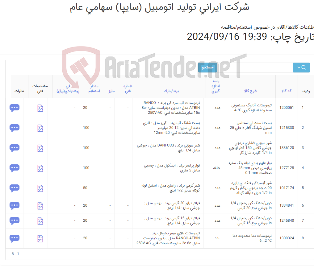 تصویر کوچک آگهی 8 ردیف اقلام یدکی مربوط به آب سرد کن و یخچال (اطلاعات پیوست)