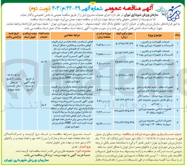 تصویر کوچک آگهی تعمیرات اساسی مجموعه ورزشی مروارید منطقه 17