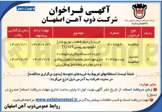 تصویر کوچک آگهی اجاره 27 دستگاه واگن لبه کوتاه 20 متری جهت حمل محصولات طویل پولادی و سایر موارد مرتبط با حمل و نقل ریلی  