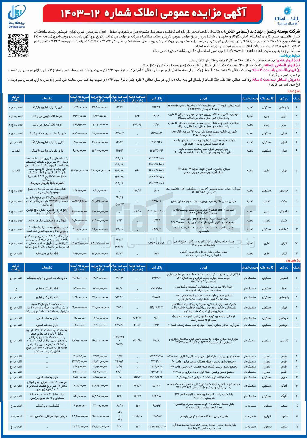 تصویر کوچک آگهی فروش  املاک تخلیه و متصرفدار مشروحه ذیل در شهرهای اصفهان اهواز بندرعباس تبریز تهران، خرمشهر، رشت، سلفچگان شیراز، قائمشهر قشم ،کارون ،کرمانشاه کیش گلوگاه و مشهد با کاربری های مسکونی، زمین، اداری، تجاری