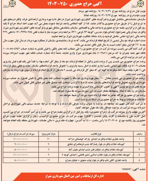 تصویر کوچک آگهی بهره برداری از تعدادی غرف واقع در سطح شهر :
واحد تجاری تنقلات
کیوسک تنقلات 
کیوسک تنقلات
کیوسک تنقلات
کیوسک تنقلات 
واحد تجاری کافی شاپ 